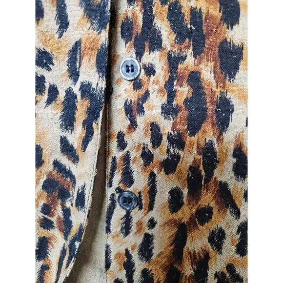 Vintage Cezar 100% Raw Silk Leopard Large Button-Up Short Sleeve Collar Blouse - Picture 4 of 5